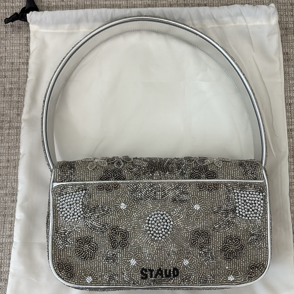 STAUD Tommy Beaded Flap Shoulder Bag (NWOT) - Silver Garden Party - Picture 5 of 13